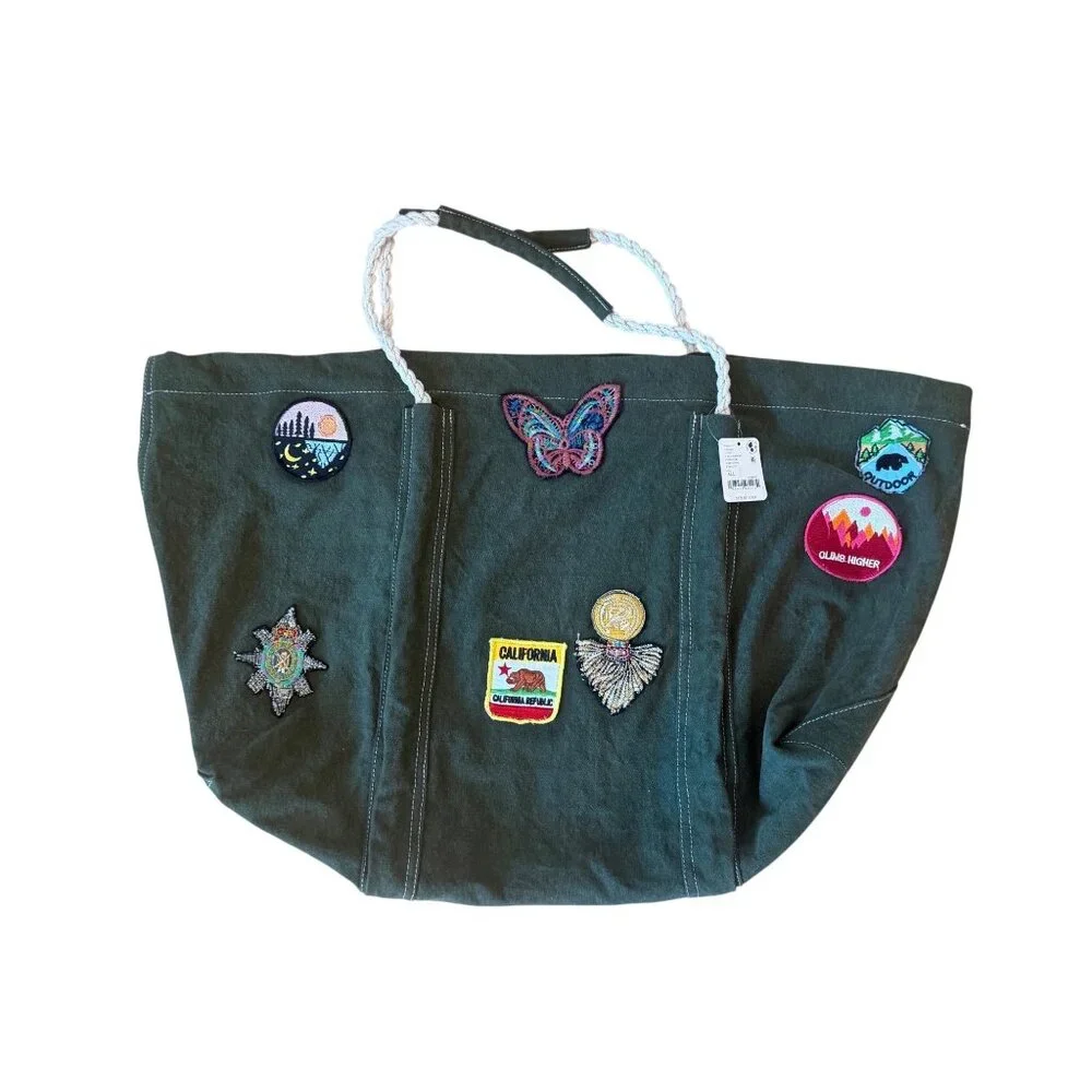 Free People Been There Badge Tote Bag Sea Serpent Green Cotton Patch Travel Boho
